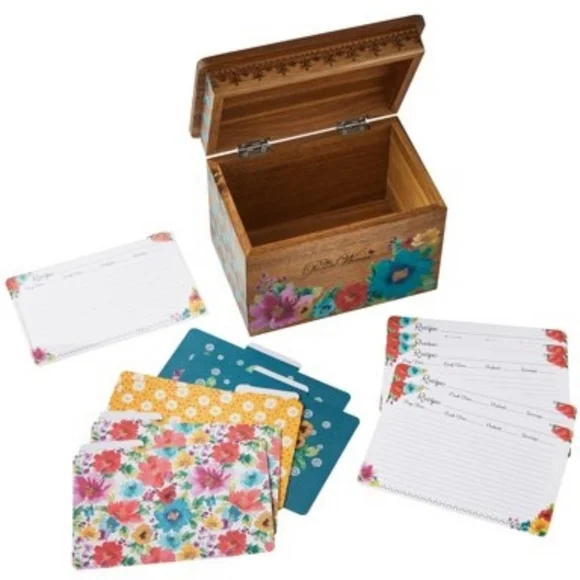 🌺 New Pioneer Woman Natural Acacia wood Recipe Box & Recipe Cards - Picture 5 of 10